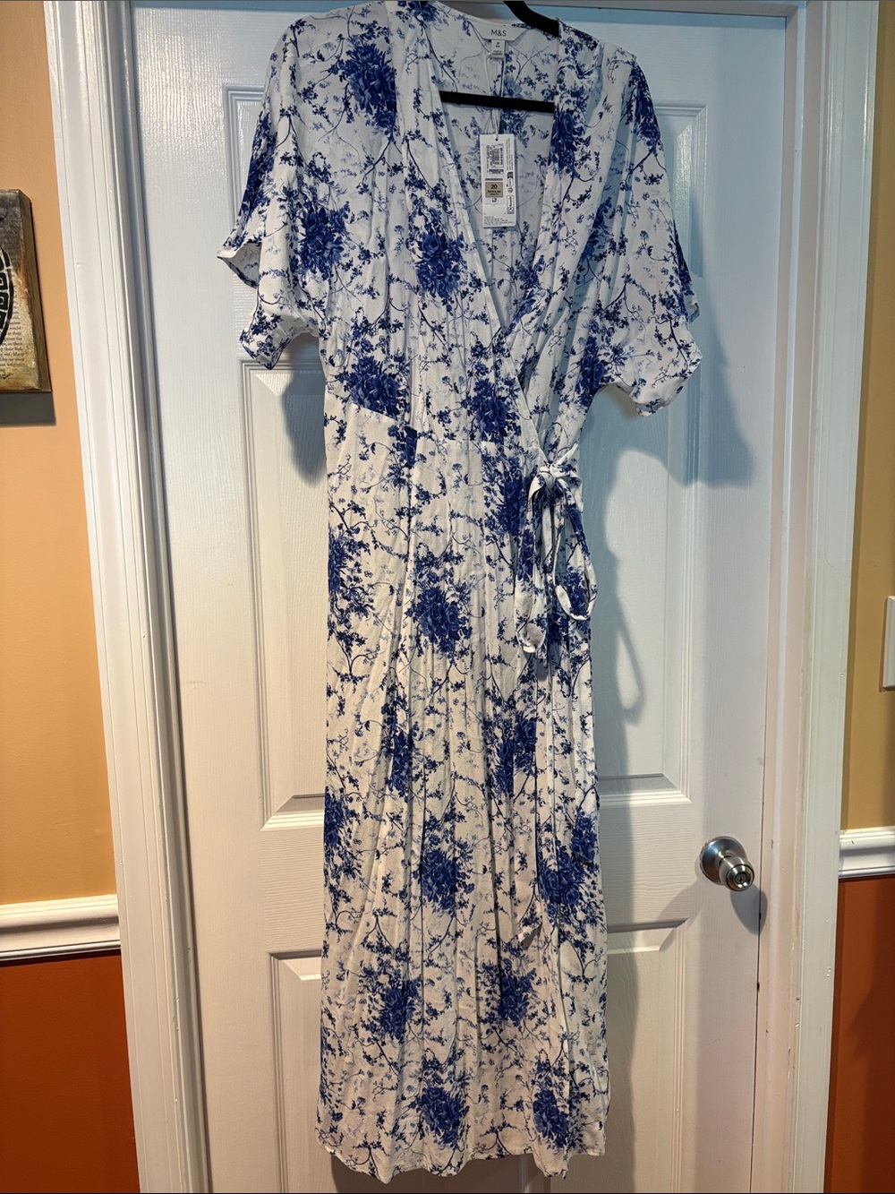 Marks & Spencer White Maxi Dress with Blue Floral Print